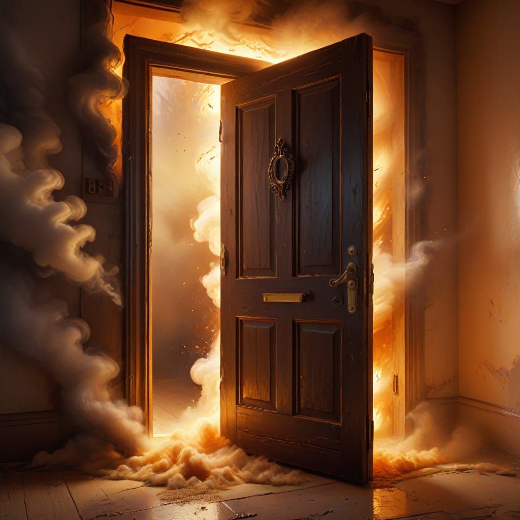 Golden Door in Chaos: A Surreal Oil Painting