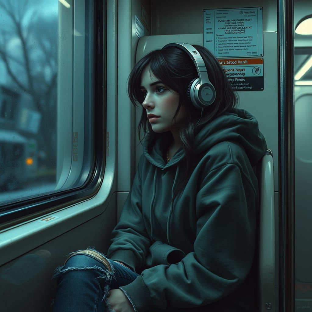 Subway Commute: Melancholy Gaze in Hyper-Realistic Detail
