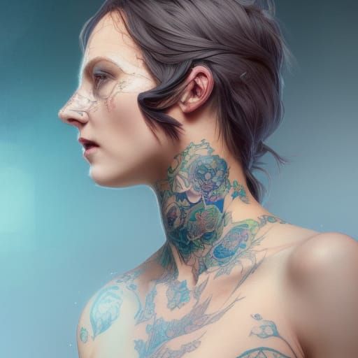 Detailed Portrait of Tattooed Lady in Art Nouveau Style