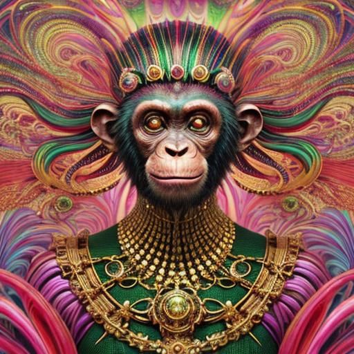 Psychedelic Chimp: Surreal 3D Render in Gold and Green