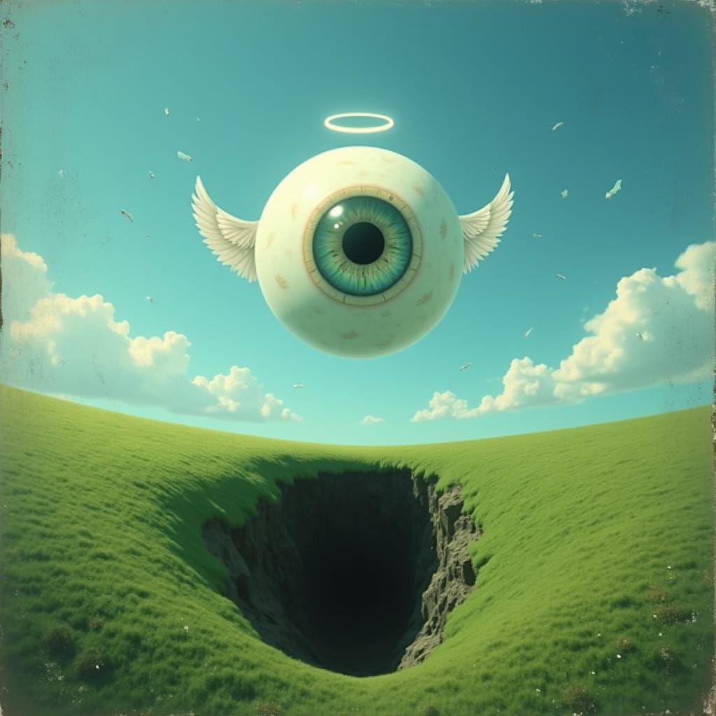 Dreamcore Angel hovers above serene hills in a blue sky with...