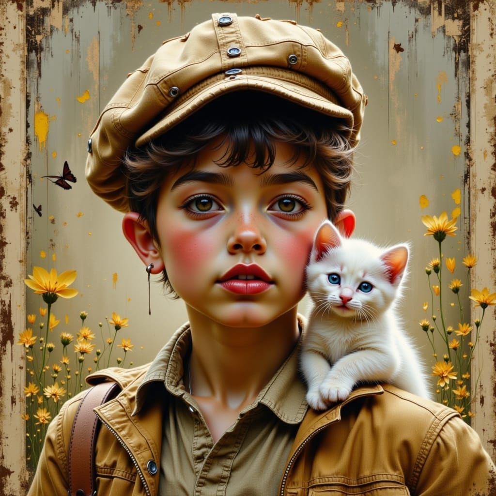 sunny day, little boy baker boy cap with white kitten, textured clothing, splash ar...