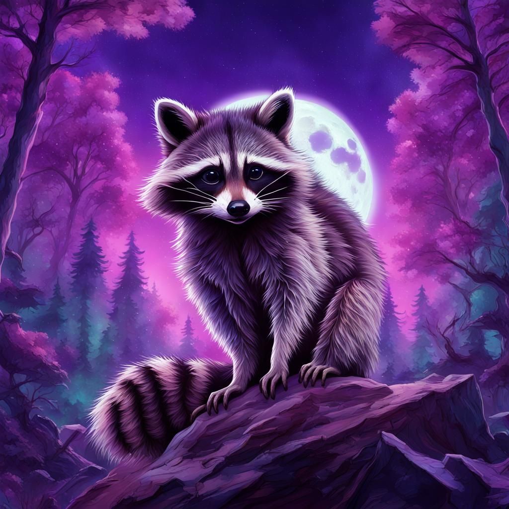 Fantasy Raccoon in Astral Forest Illustration