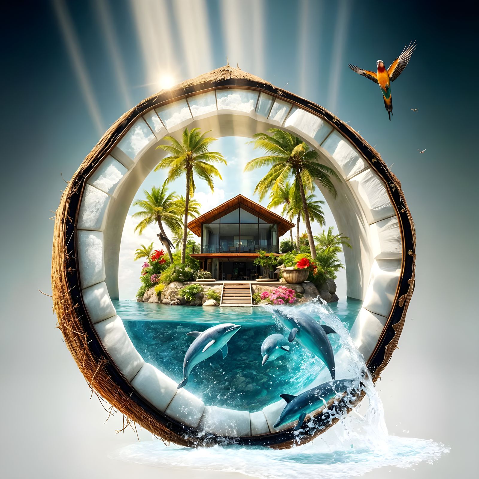 Surreal Tropical Oasis Inside a Coconut Shell