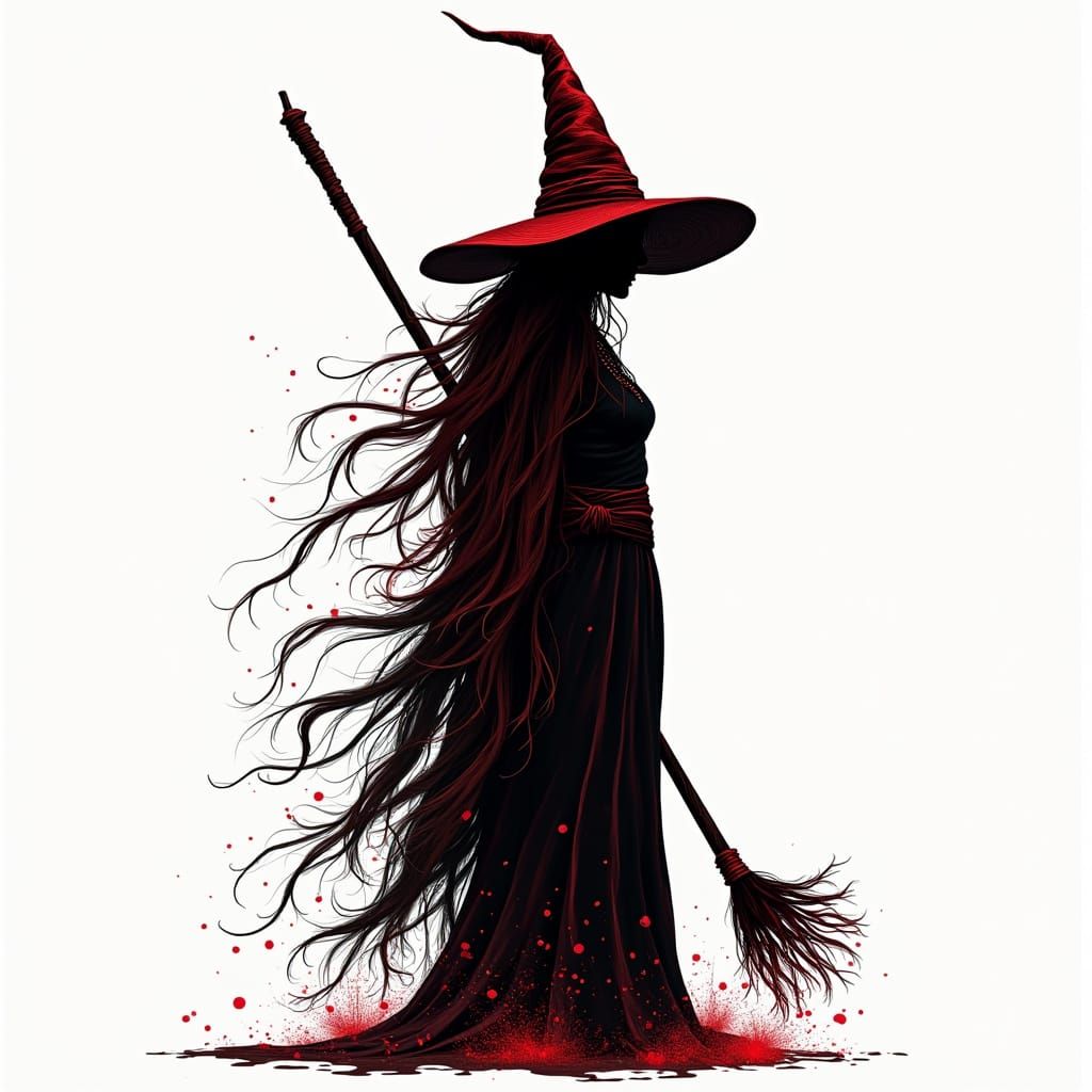 Abstract Pagan Witch Silhouette with Red Accents