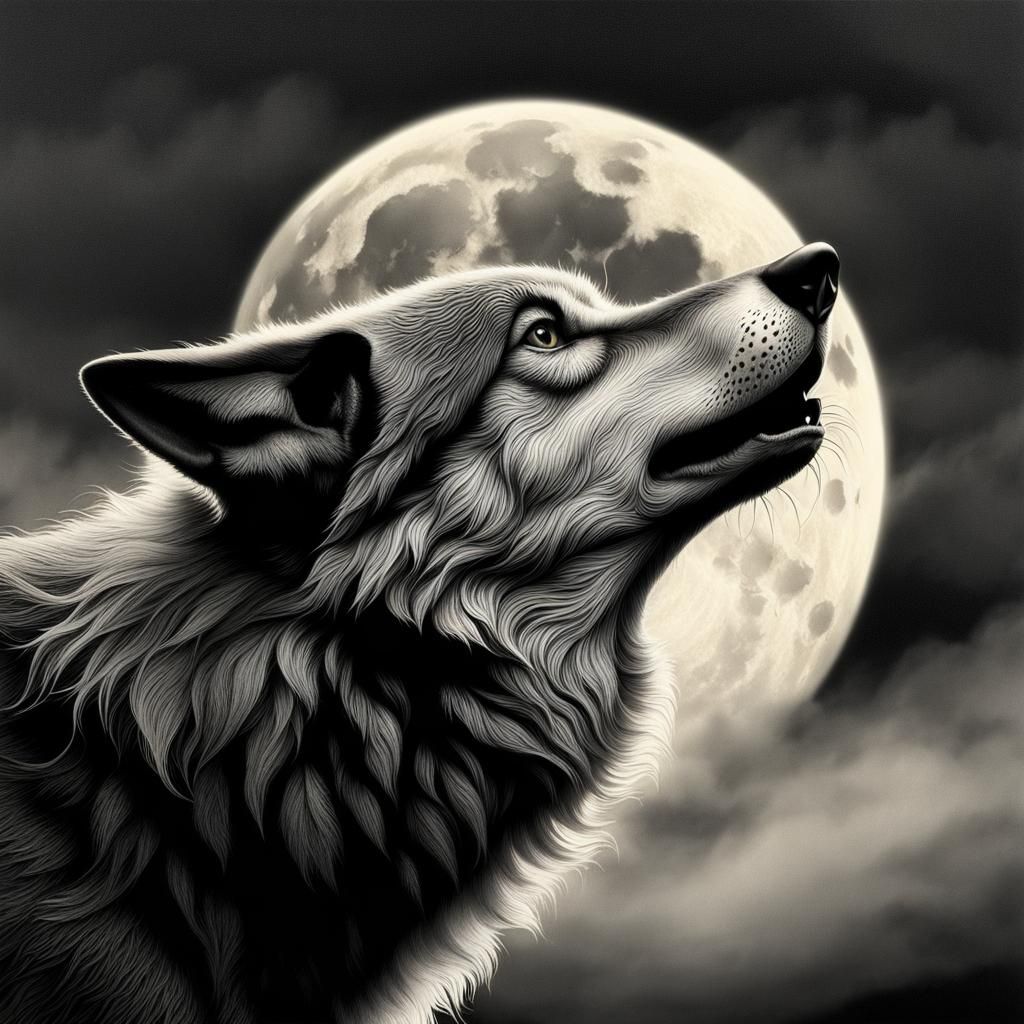 Hyperrealistic Wolf Howling at the Moon Photograph
