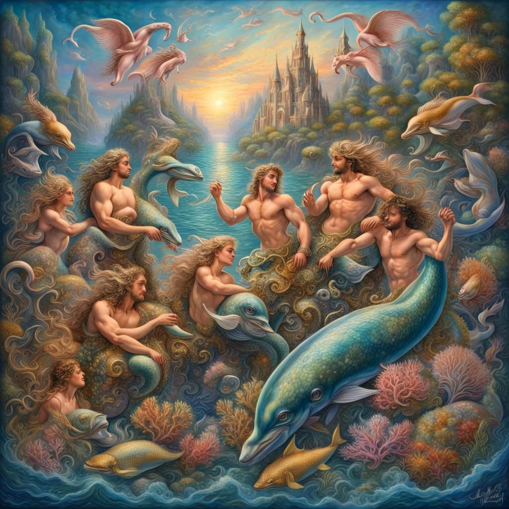 Mermen Kissing on Winged Dolphins: Josephine Wall Style
