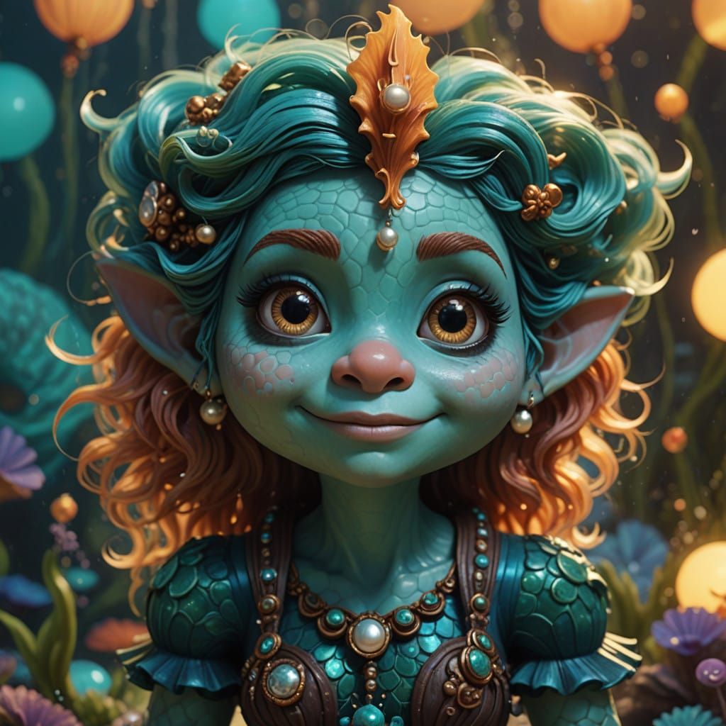 Mermaid with Fuzzy Troll-Smurf Companion in Underwater Scene