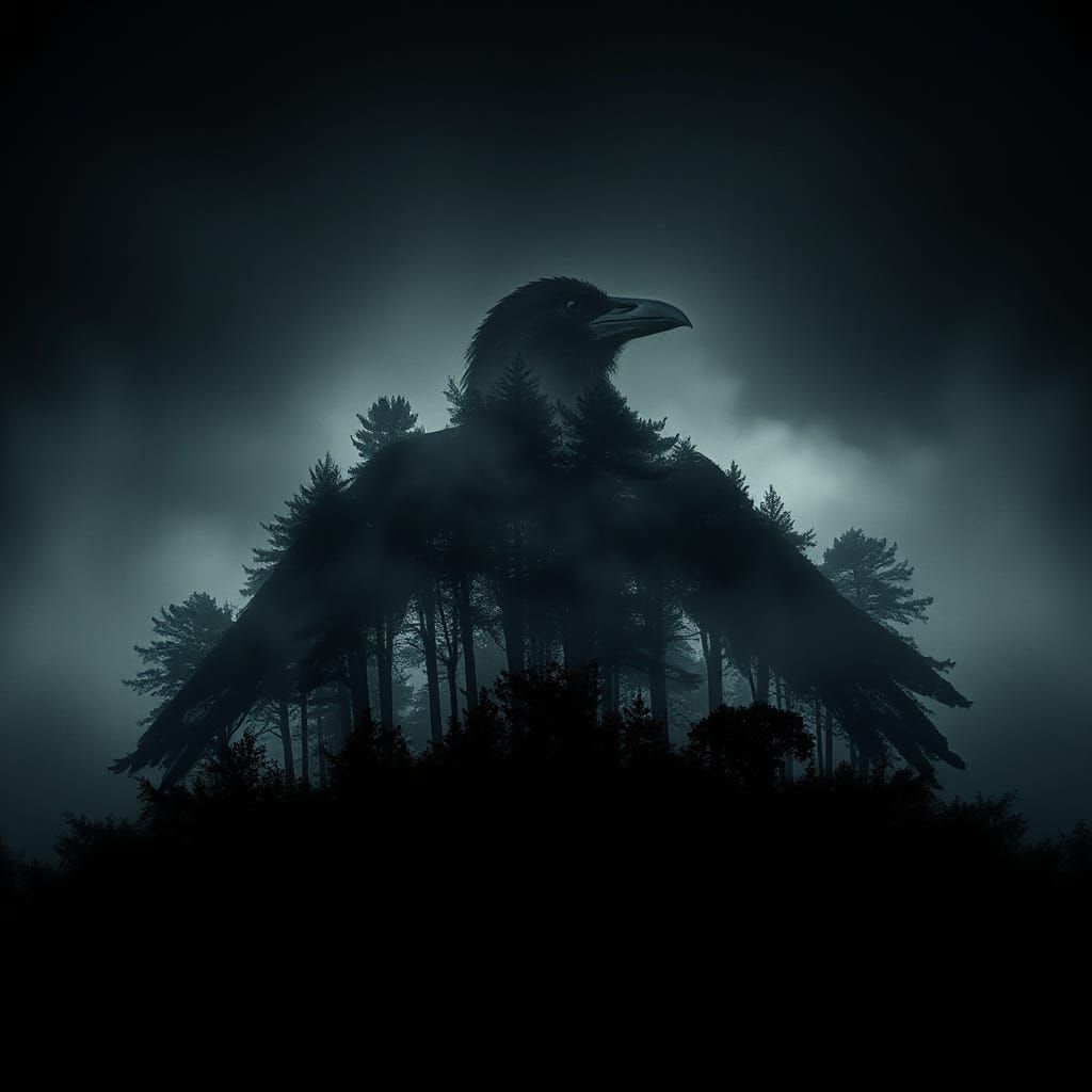 Misty Forest Crow Silhouette in Double Exposure Style