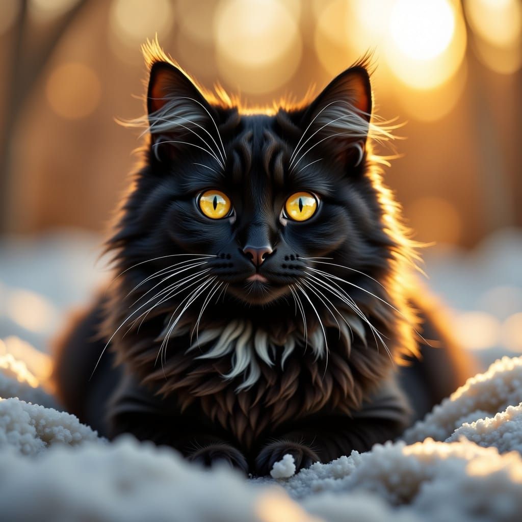 Fluffy Black Cat With Bright Yellow Eyes