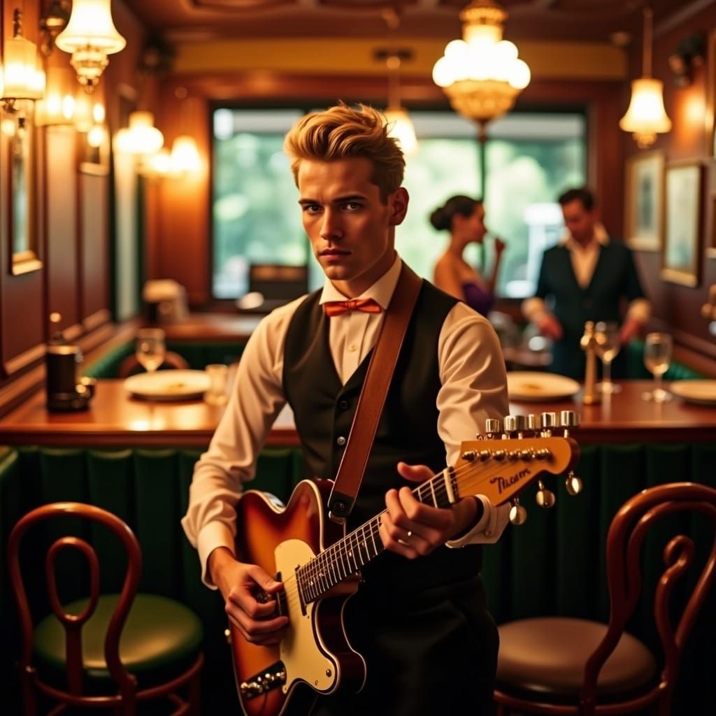 Glamorous Young Musician Plays Guitar in 1950s American Jazz...