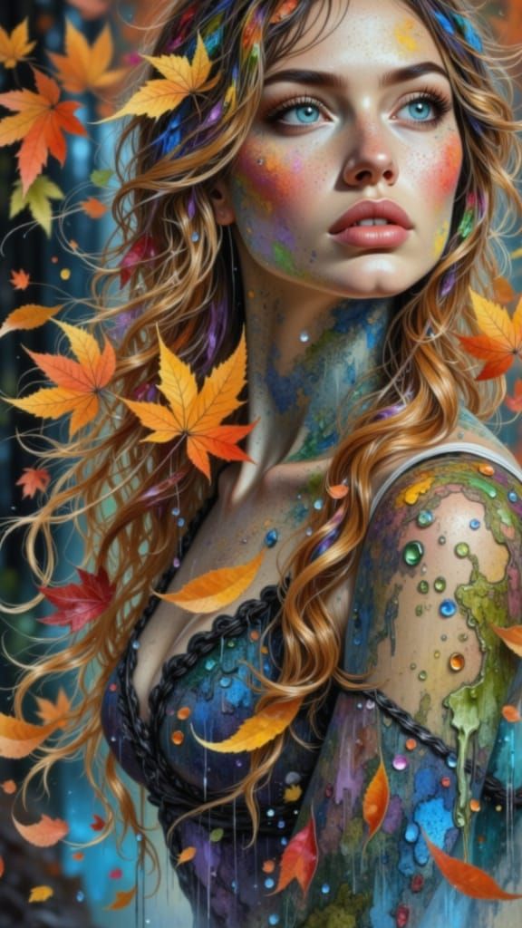 Hyperrealistic Woman with Autumn Makeup and Raindrops