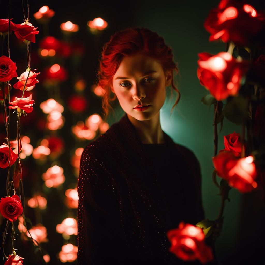Red-Headed Student in Darkroom with Red Roses
