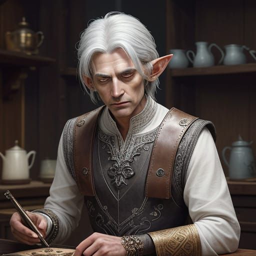 Ethereal Drow Elf Craftsman in Warm, Golden Light
