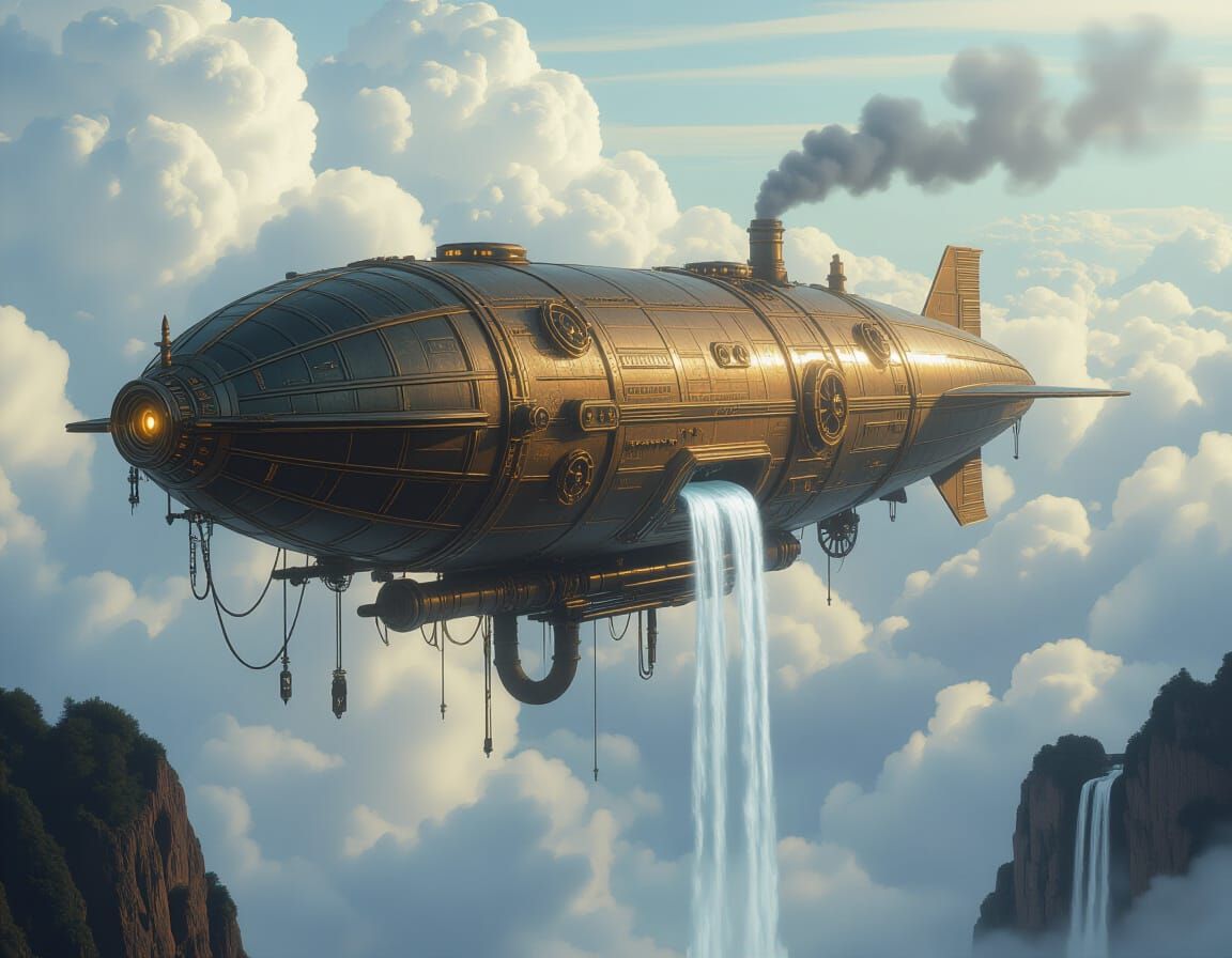 Dieselpunk Airship Waterfalls in the Sky