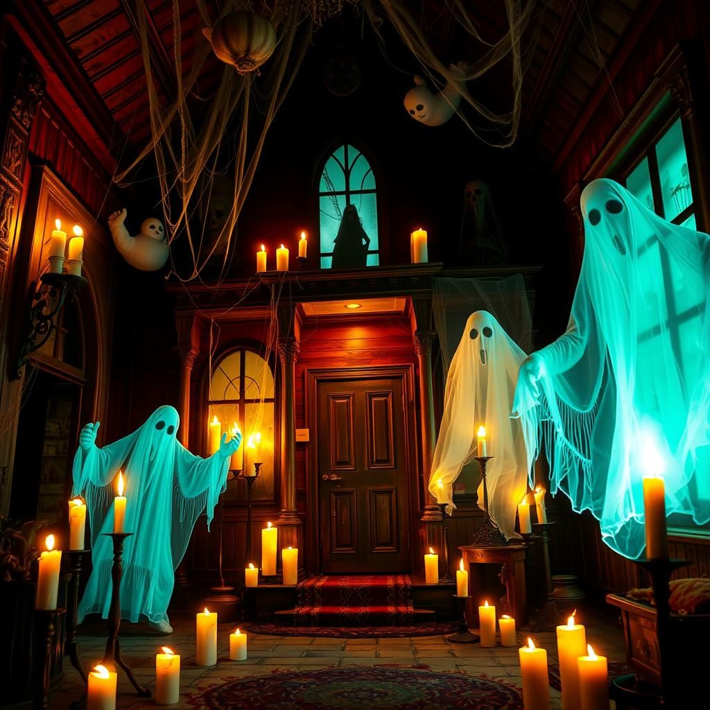 Haunted House Interior with Ghostly Apparitions