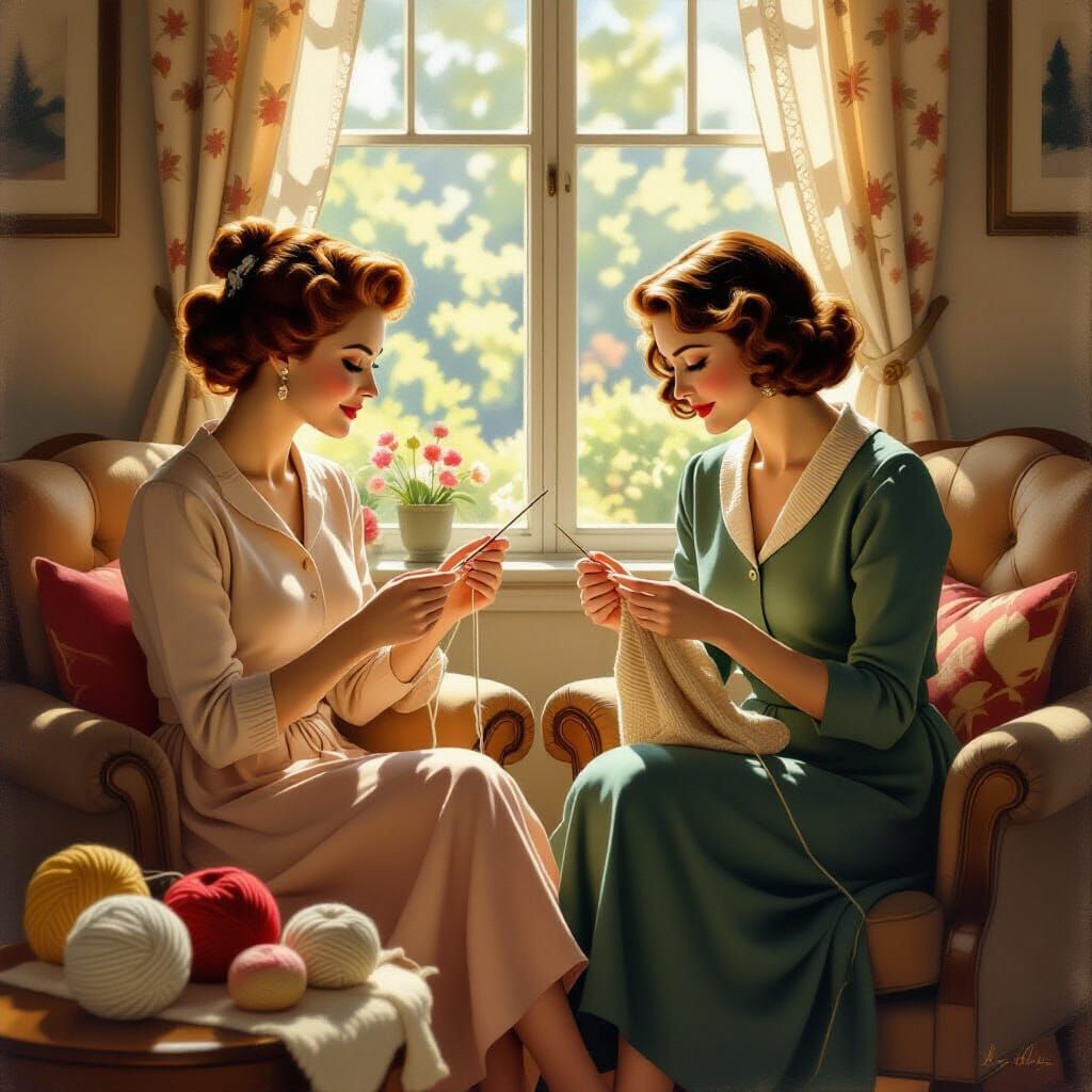 1940s Women Knitting in Sunlit Room