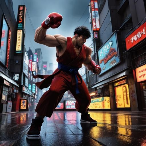 Ryu Unleashes Hadouken in Tokyo: Anime-Style Concept Art
