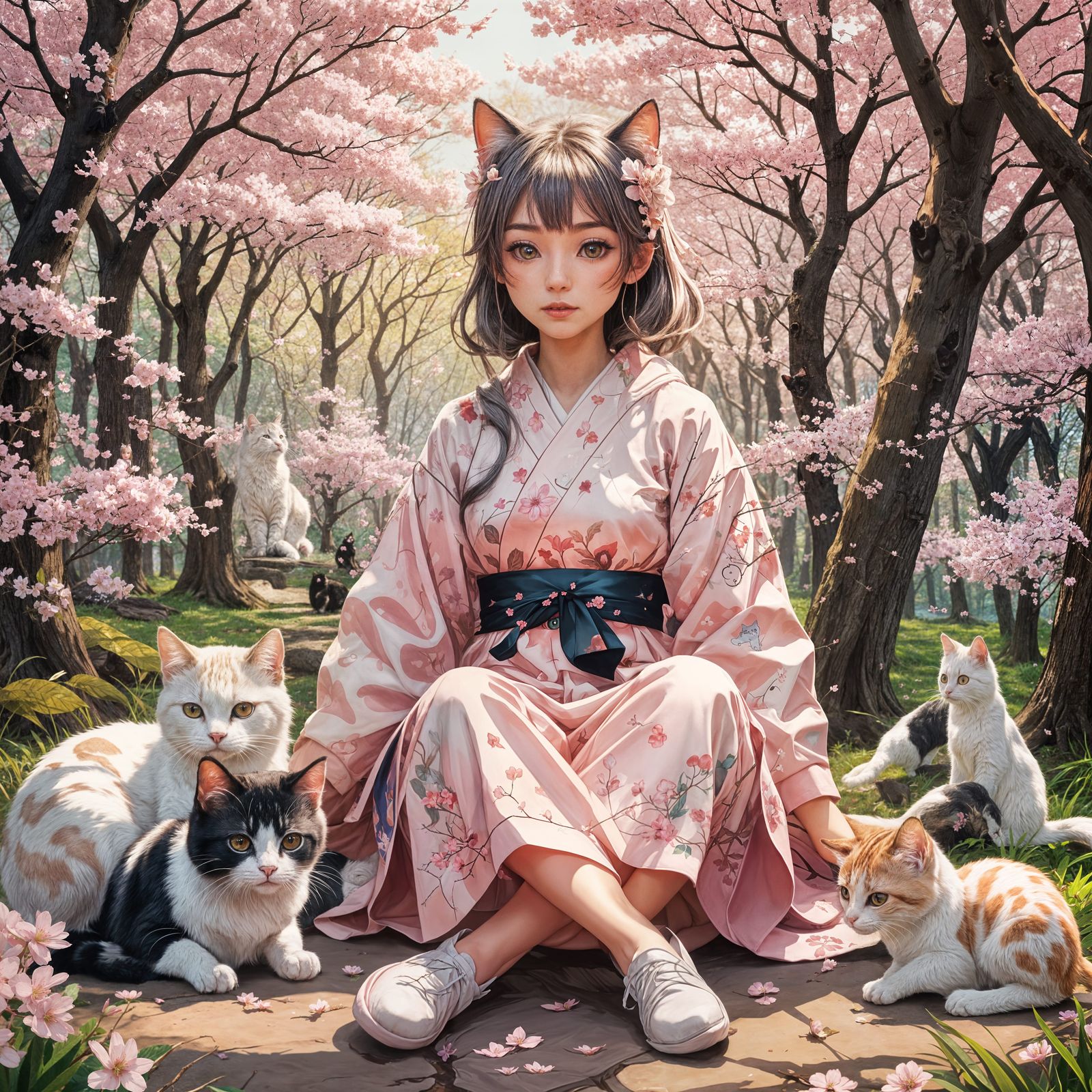 Anime Cat Girl in Cherry Blossom Forest
