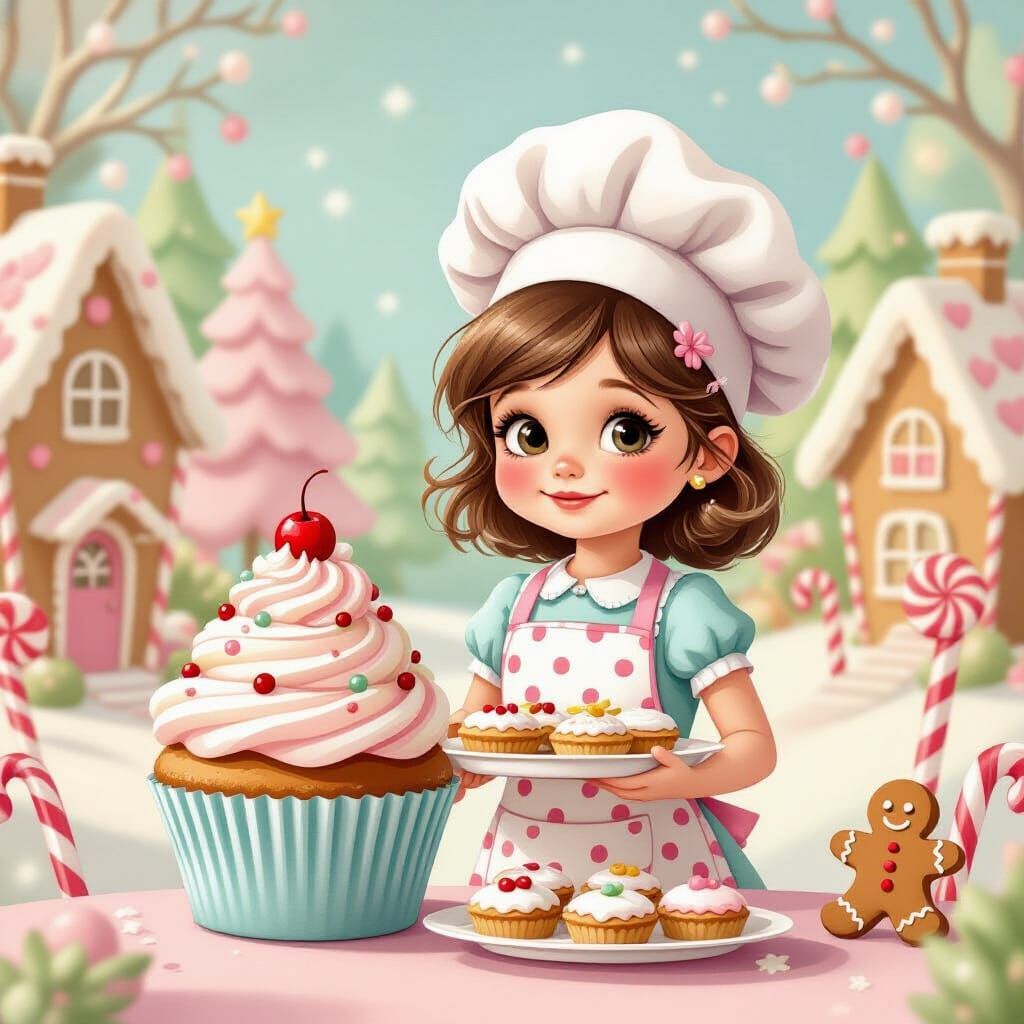 Charming Storybook Girl with Giant Cupcake