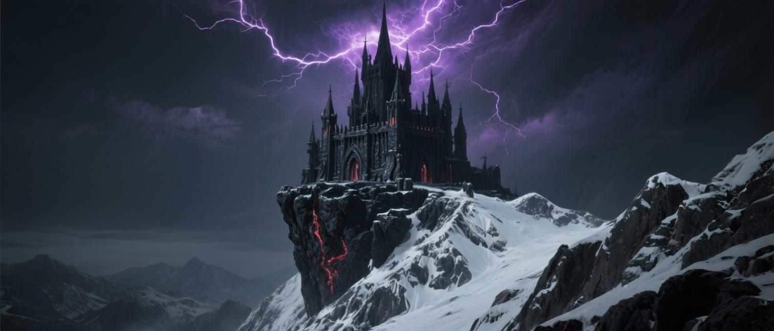 Dark Fantasy Obsidian Keep on Snowy Mountain