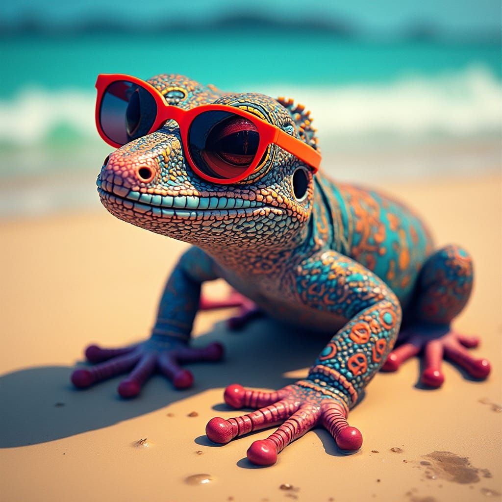 Gecko Tattoo on Tropical Beach in Digital Art Style