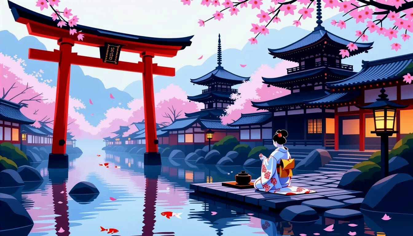 Serene Japanese Culture Scene with Torii Gates and Cherry Bl...