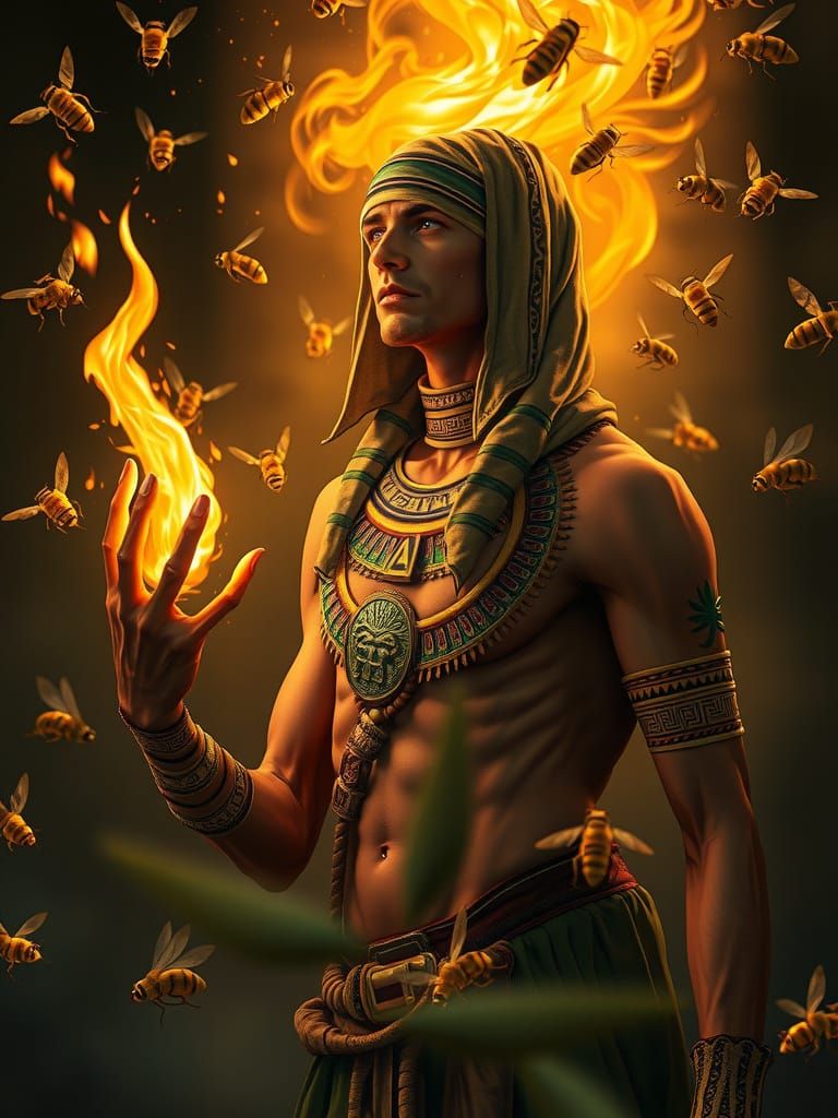 Ancient Warrior Ignites Mystical Flames in Vibrant Digital A...
