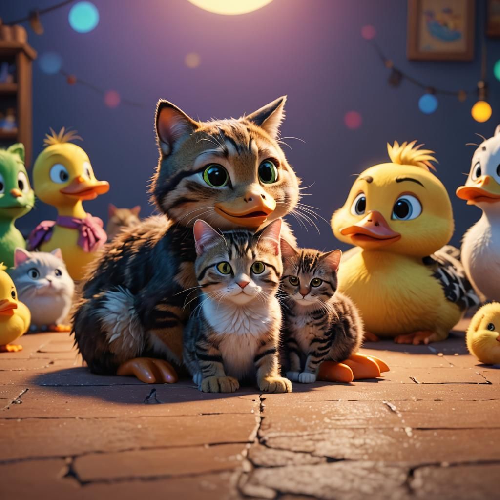 Duck Snuggling with Cat: Pixar-Style 3D Art