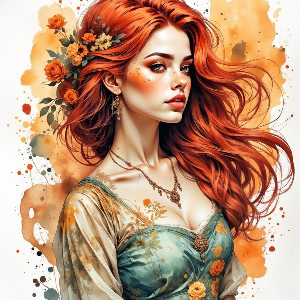 Woodcut Illustration of Woman with Flowing Red Hair