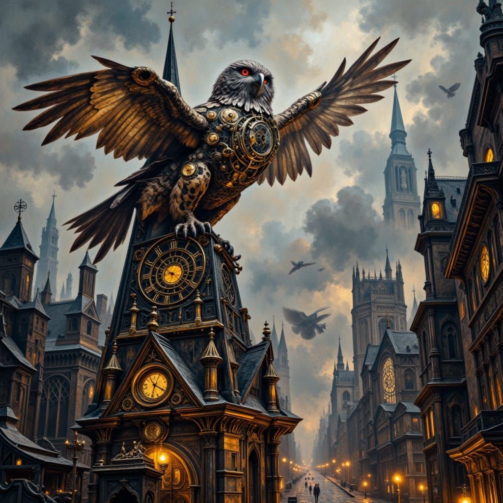 Clockwork Owl on Gothic Library Spire in Steampunk Style