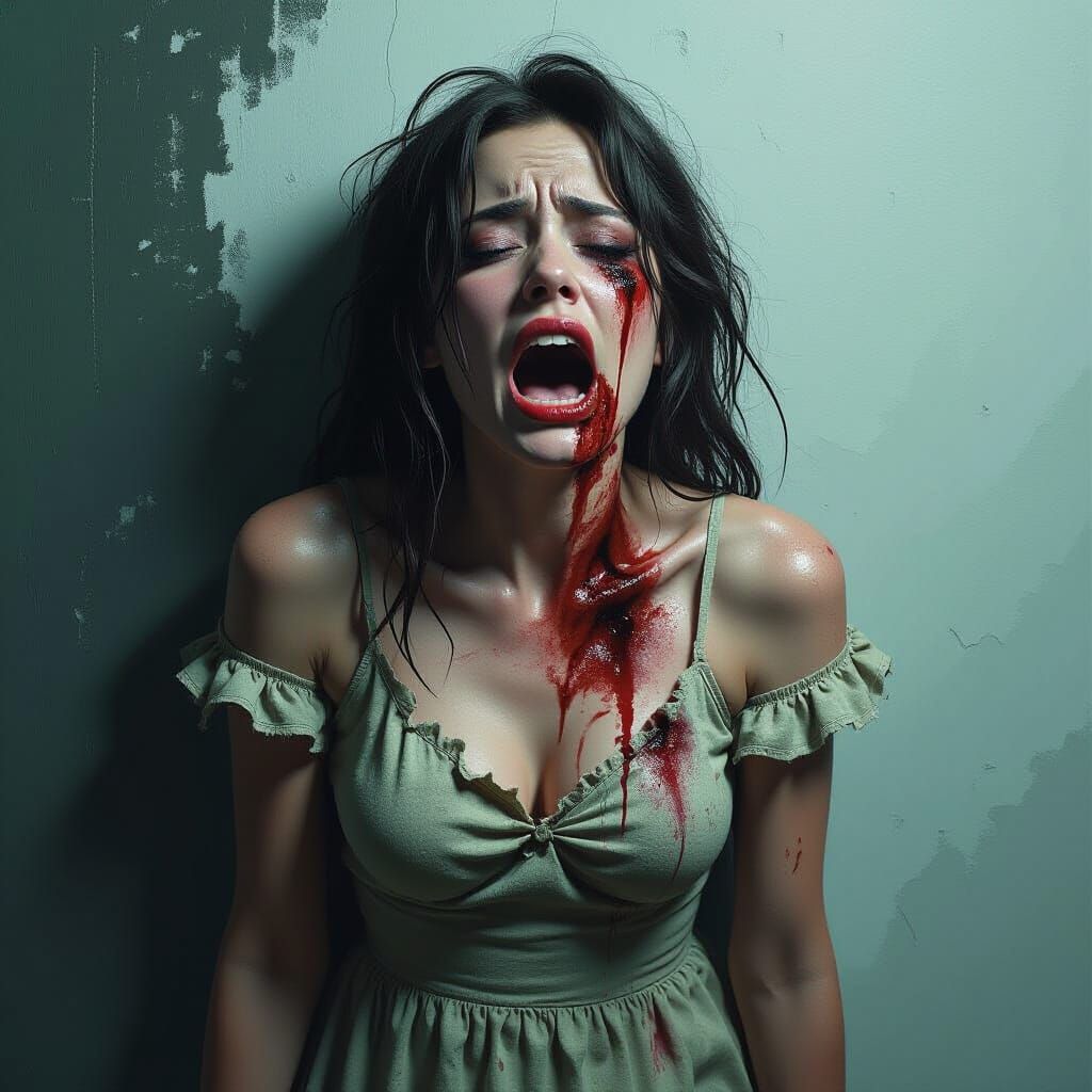 Terrified Woman's Agonized Scream in a Dark Horror Scene