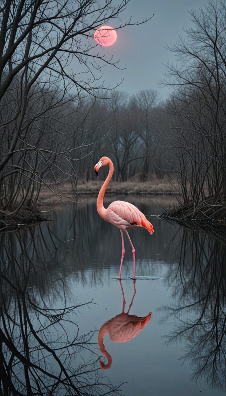Surrealistic Pink Flamingo in Symmetrical Landscape