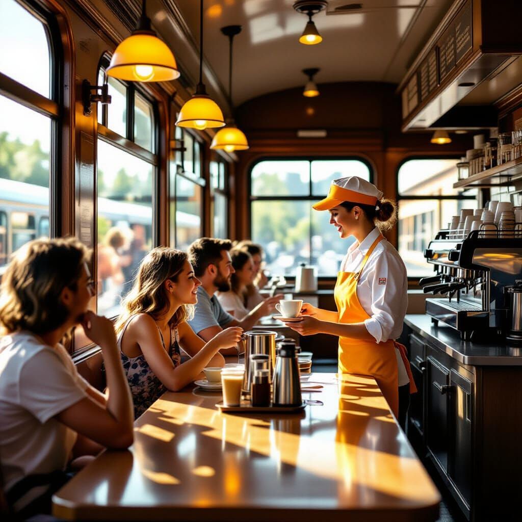 Photorealistic Train Cafeteria with Barista Serving Coffee