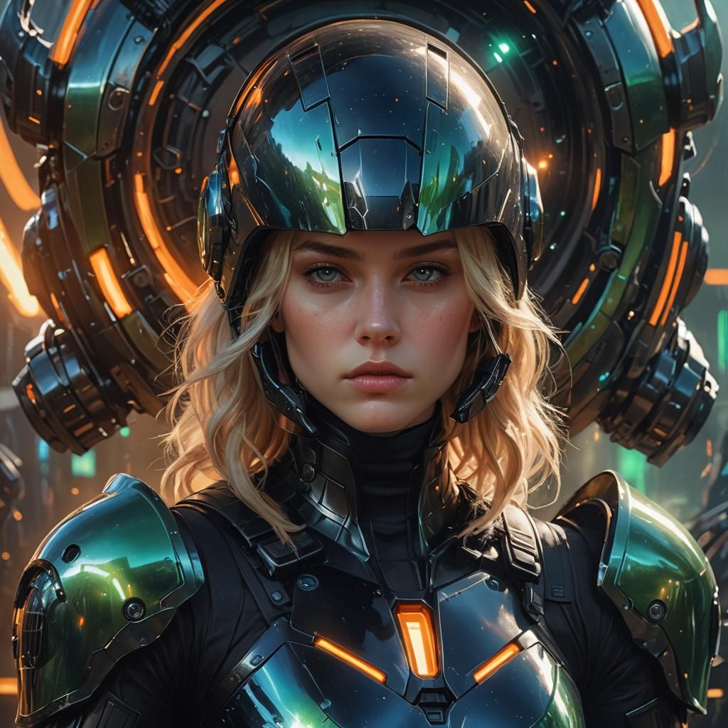Woman with Futuristic Armor Holds Helmet in Despair
