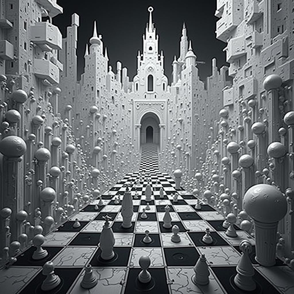 Surreal Chess Puzzle with Impossible Architecture