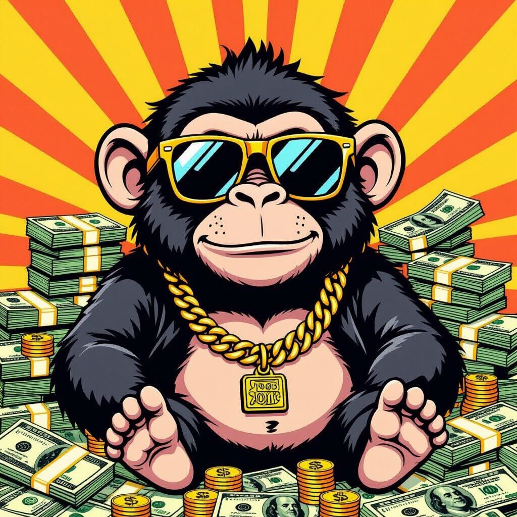 Cool Monkey Surrounded by Money in Pop Art Style
