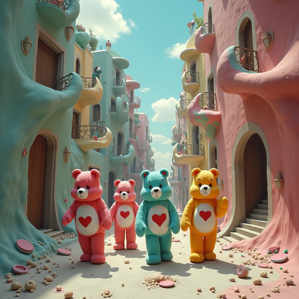 Care Bears in Surrealist Melting Cityscape