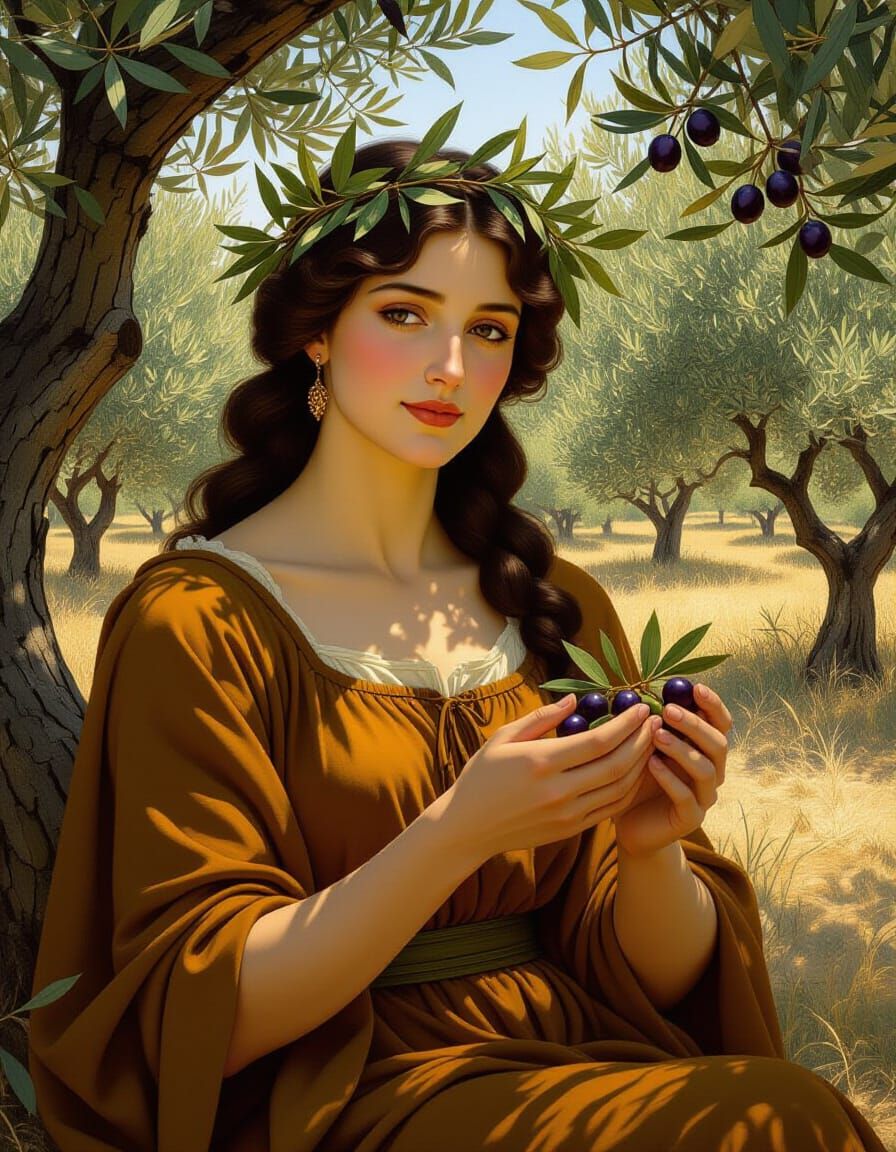 Goddess Demeter in Ancient Olive Grove Oil Painting
