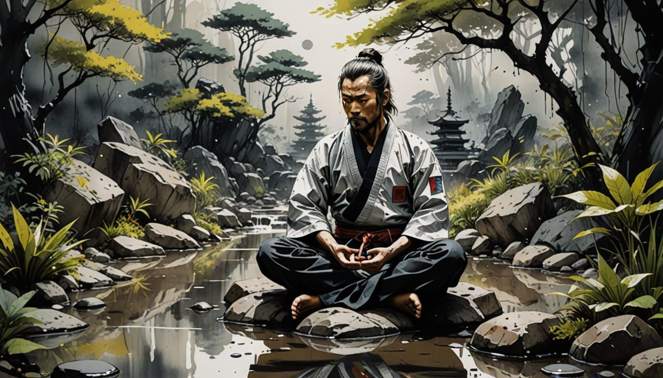 Karate Student Meditates in Watercolor Zen Garden