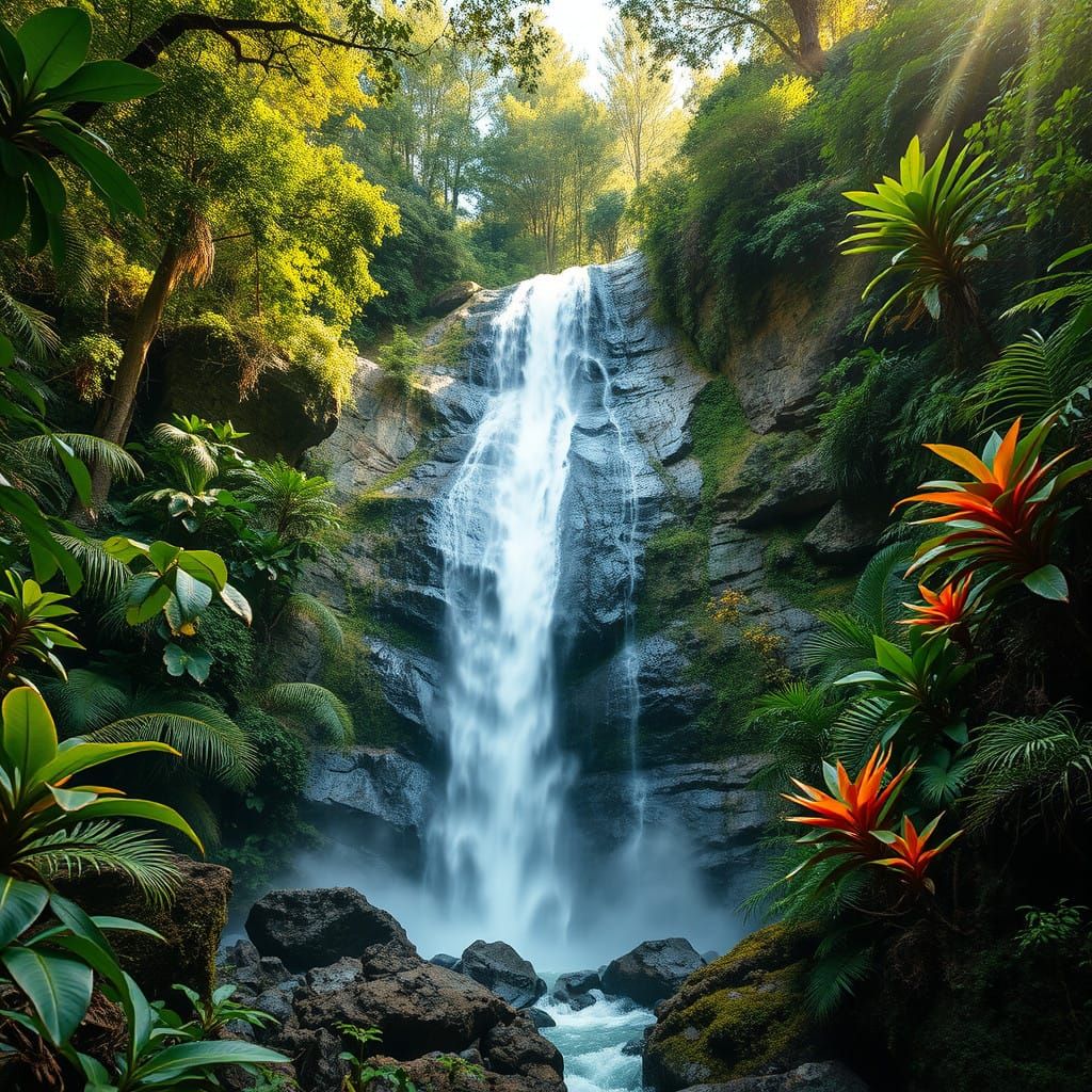 Majestic Jungle Waterfall with Lush Surroundings in Hyper-Re...