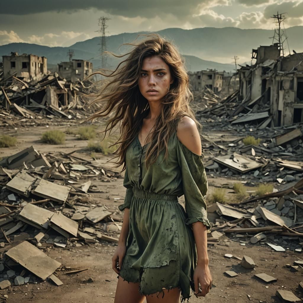 Resilient Woman in Post-Apocalyptic Landscape