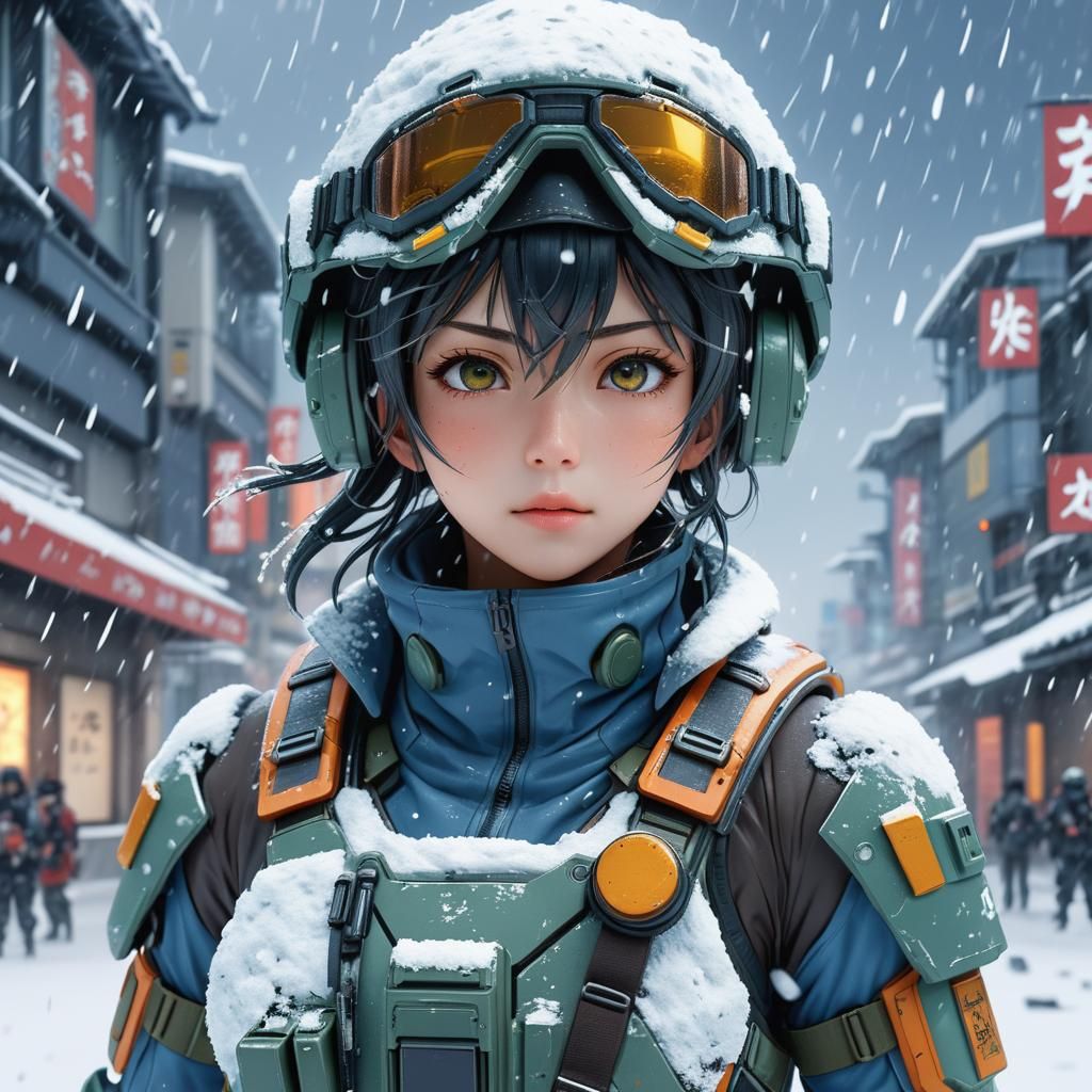 Scifi Soldier Anime Girl in a snow storm...