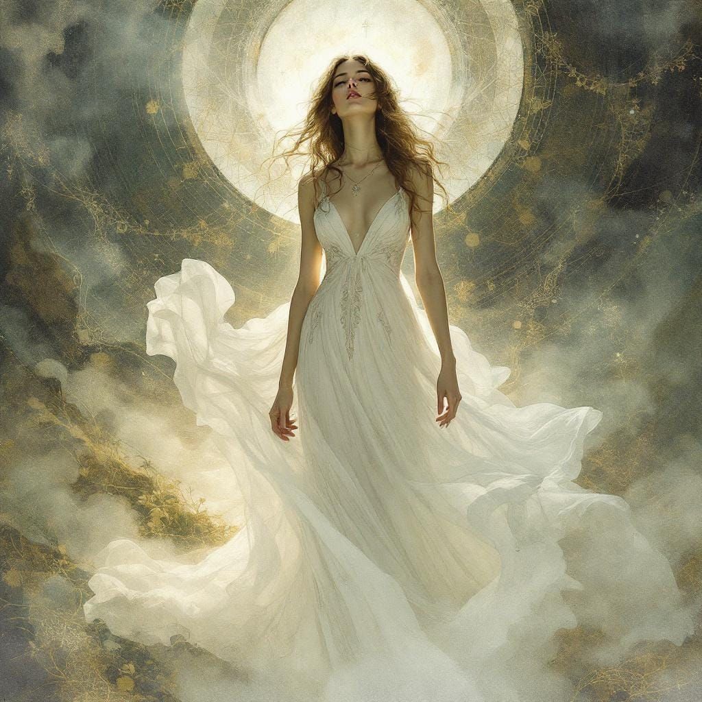 Woman in White Dress: Art Nouveau Dreamscape