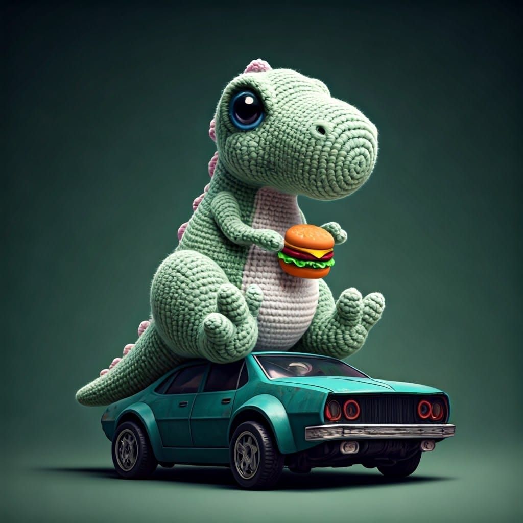 Kawaii T-Rex Sits on Toy Car Holding Burger in Bright Sage G...