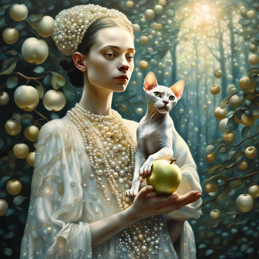 Symbolist Woman with Sphynx Face in Pearl Forest