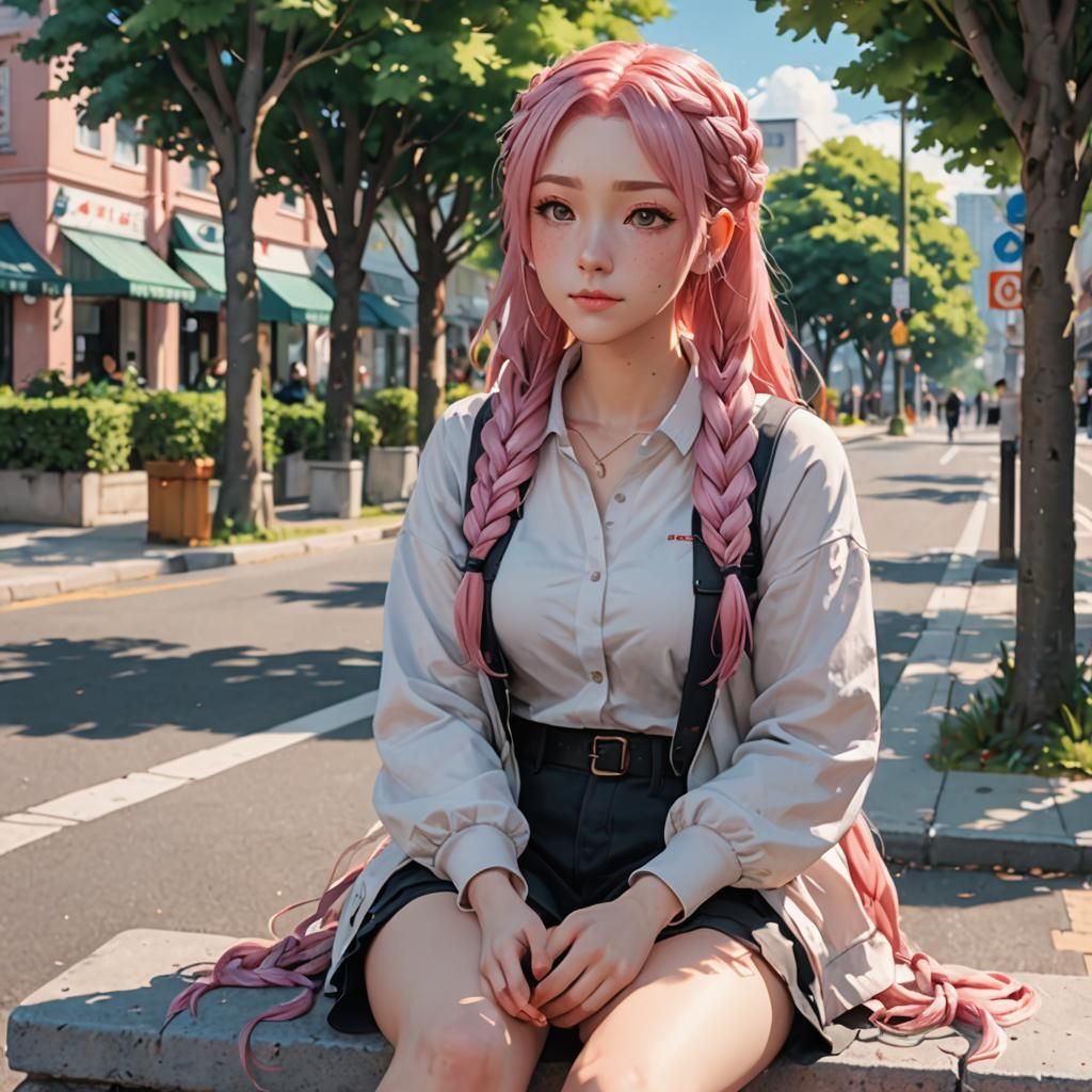 Anime Girl with Pink Hair in Park, Digital Painting