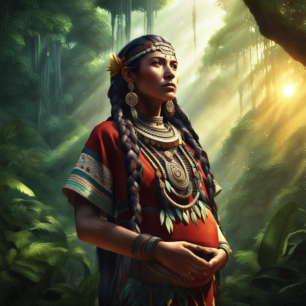 Aztec Woman in Rainforest: Detailed Matte Painting