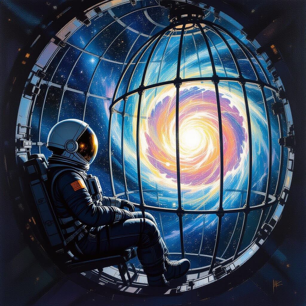 Astronaut Adrift Near Birdcage Space Station