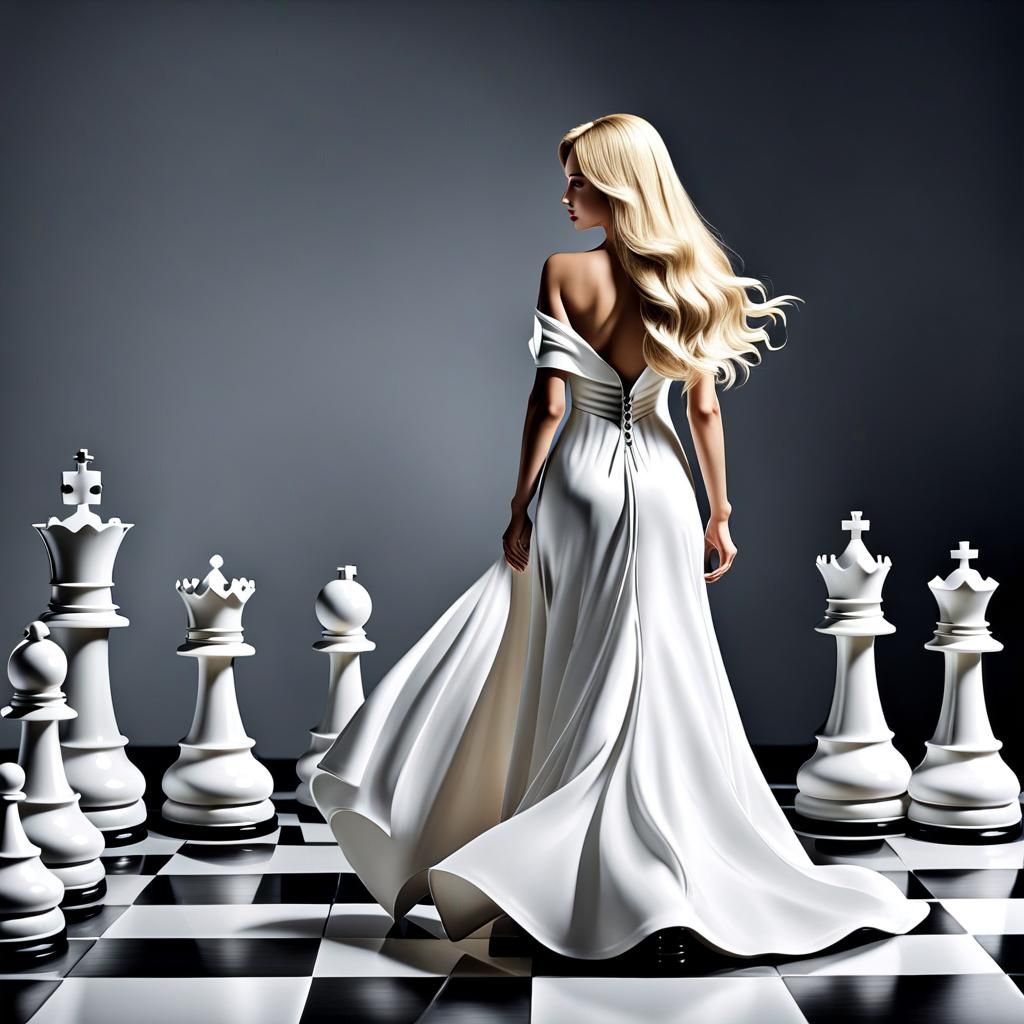 Stunning White Chess Queen Portrait in Satin Gown